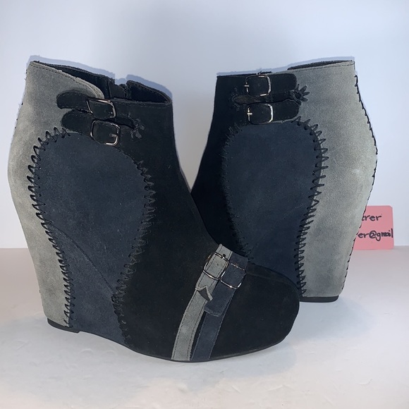 Restricted Suede Black & Blue Patchwork Wedge Buckle Booties - Picture 2 of 16